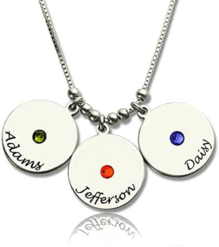 Three Discs Necklace with Birthstones for Mom in Silver - Customized with any name