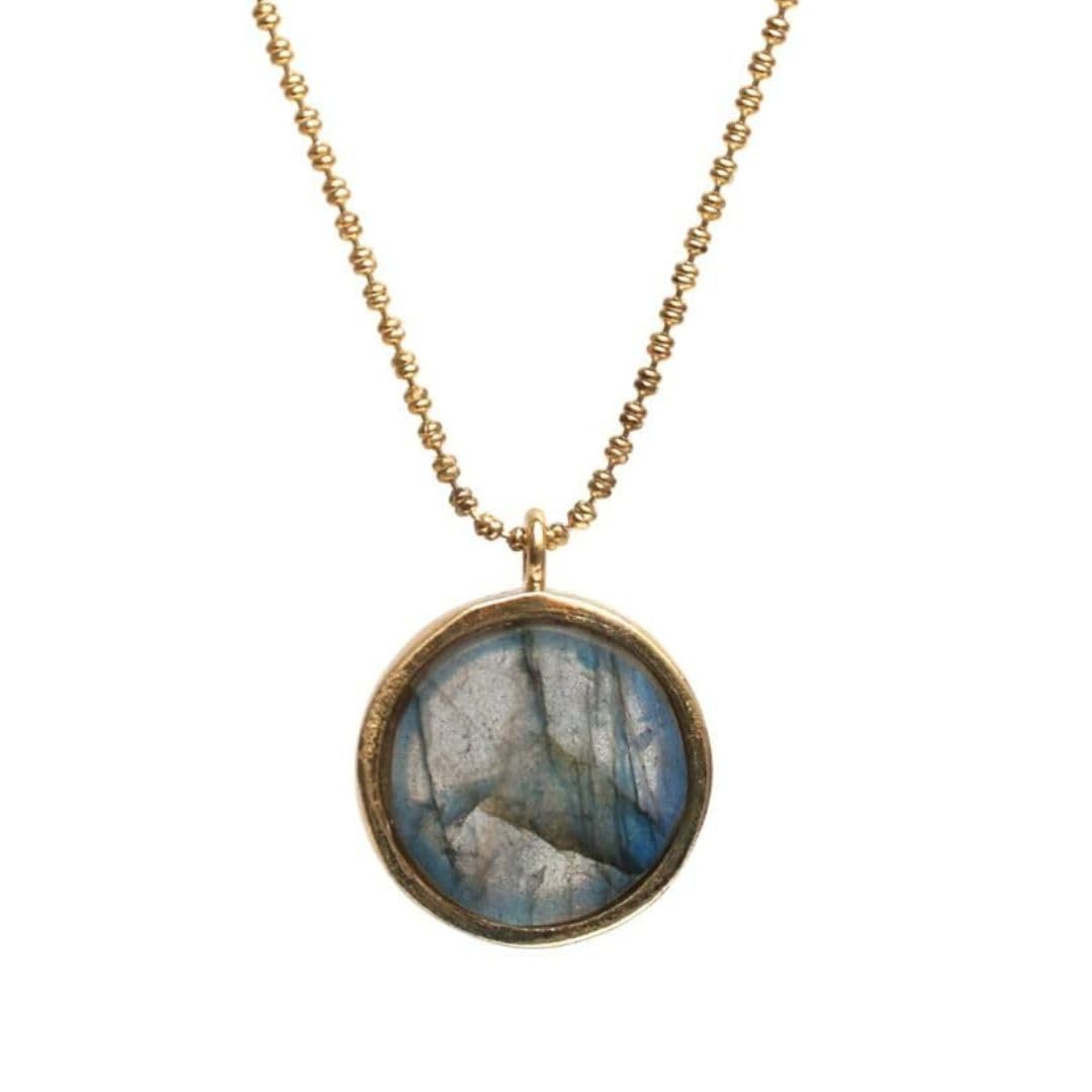 Gempires Labradorite Coin Pendant Necklace for Women, 16mm Disc Pendant, Round Necklace, 18 inch 14k Gold Plated Diamond Ball Chain, Gift for Her