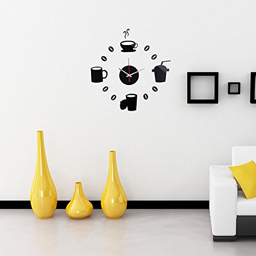 URToys Coffee Cups Beans 3D DIY Wall Clock Acrylic Stickers Quartz Modern Home Decoration Retro Kitchen Wall Clock Silent Watch Decals