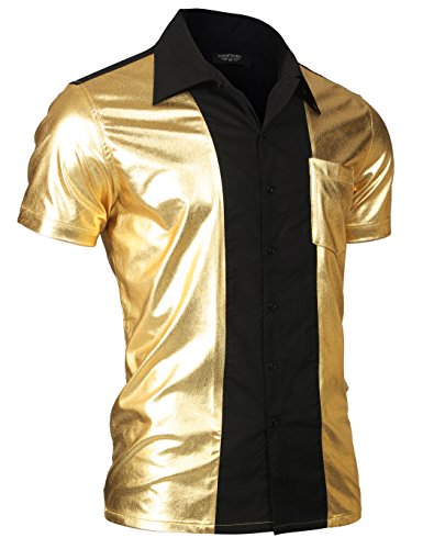 COOFANDY Men's Retro Bowling Shirt Metallic Nightclub Style Short Sleeves Button Down Shirts,Gold,X-Large