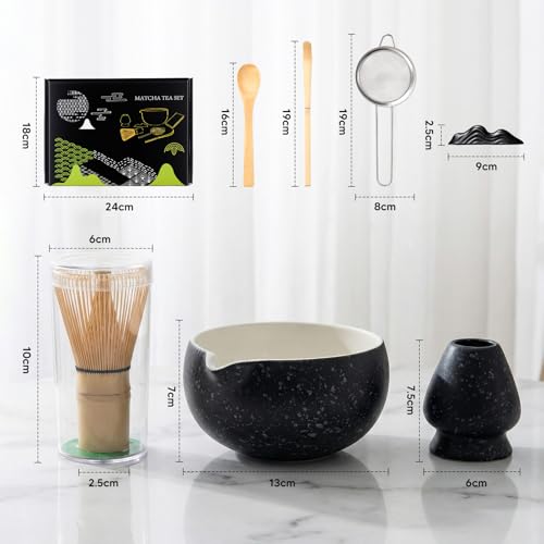 Kit de Té Matcha Tradicional, Juego de Té Matcha 8 Piezas – Tazón de Cerámica Artesanal, Batidor de Bambú, Soporte y Cuchara Kit Completo para Ceremonia de Té Japonesa en Casa (negro)