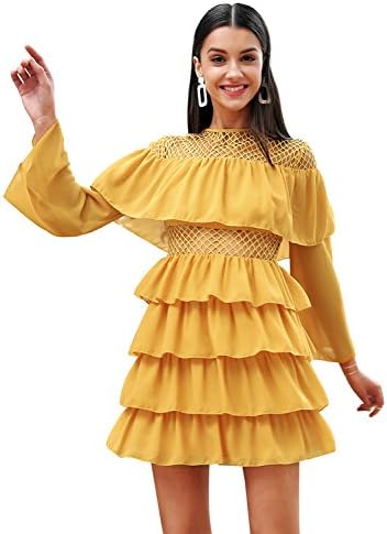 Simplee Womens Floral Yellow Dress Elegant Layer Ruffle Mini Dress,Mustard,Large