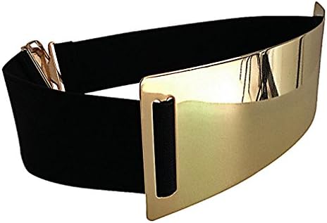 BLady Women's Stretchy Black Gold Metallic Plate Front 4.4 cm Wide Waist Belt, BlackGold