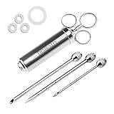 Heavy Duty 304 Stainless Steel Meat Injector Kit With 2-oz Large Capacity Barrel With 3 Commercial Marinade Needles