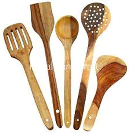 Royalhandicraft Wooden Spoon Set of 5 | 1 Frying, 1 Serving, 1 Spatula, 1 Chapati - (Brown)