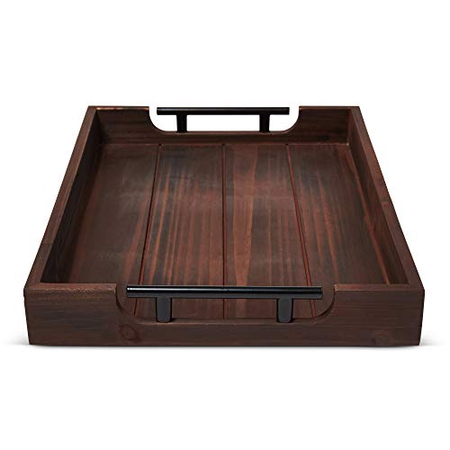 Dark Wooden Serving Tray Large Matte Black Handles Rustic Coffee