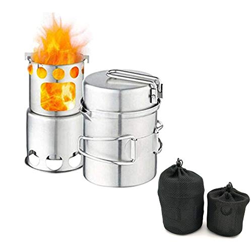 304 Stainless Steel Camping Cookware Set with Wood Stove, Complete Lightweight Foldable Portable Outdoor Camping Hiking Backpacking Cooking Picnic Cookware Mess Kit for 1-2 Adult（Wood Stove+Pot)