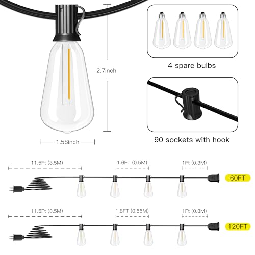 OHLUX Outdoor String Lights,180FT Shatterproof Patio Lights with 94 Dimmable ST38 LED Vintage Edison Bulb,Weatherproof 2200K Connectable Outside Hanging Lights for Deck Porch Cafe Garden Yard