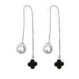 Sterling Silver Plated Beads Sided Black Onyx Four Clover Charm With Imitation Pearls Long Tassel Dangle Earrings