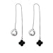 Sterling Silver Plated Beads Sided Black Onyx Four Clover Charm With Imitation Pearls Long Tassel Dangle Earrings