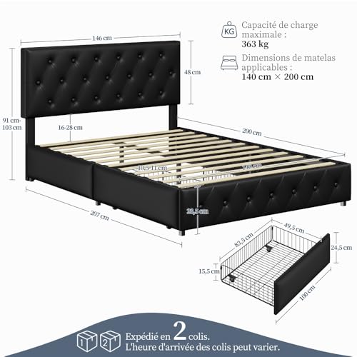 Yaheetech Bed Frame with Upholstered Headboard, Adjustable Height 140 x 200 cm, Beds Chests with Drawers, Slatted Base Double Metal Legs
