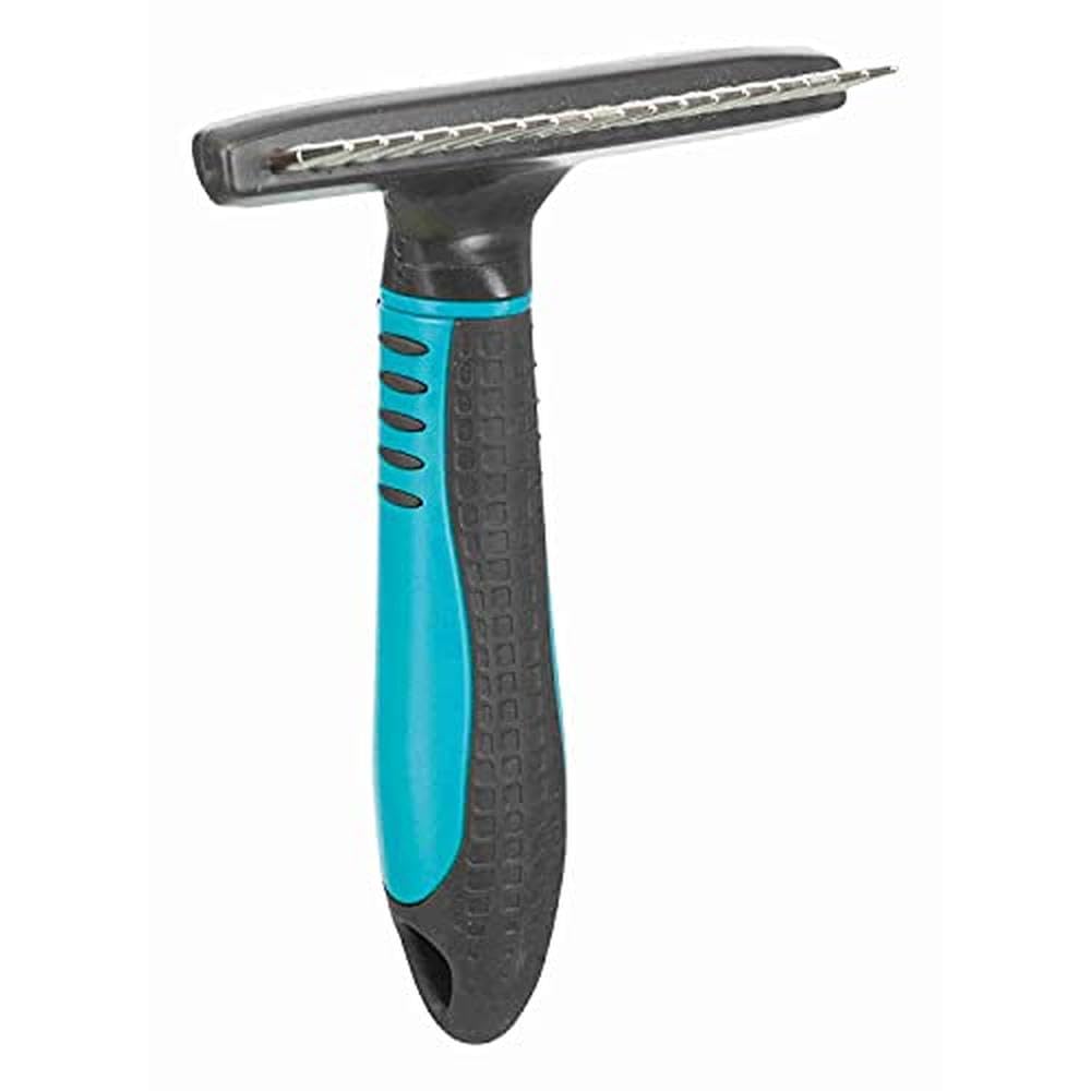 TRIXIE Longhair Curry Comb for Grooming the Undercoat - for Various Coat Types - 2 cm Tine Length - Rubberised Plastic Handle - 10 x 15 cm - Black/Blue - 23782