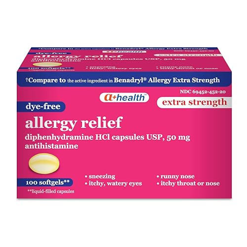A+Health Dye-Free Extra Strength Allergy Relief Medicine, Diphenhydramine HCl 50mg Softgels, Antihistamine,100 Count