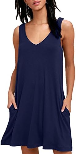 Women Summer Casual V Neck T Shirt Dresses Beach Cover up Plain Tank Dress