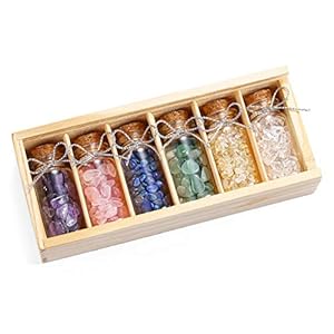 JOVIVI 6 Mini Healing Crystals and Gemstones Glass Bottles Tumbled Crushed Chips Stones Set with Wooden Box for Reiki Chakra, Balancing, Meditation, Wicca, Wish Luck Decoration,DIY Jewelry Making