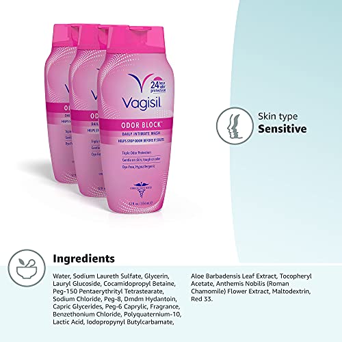 VAGISIL FEMININE WASH FOR INTIMATE AREA HYGIENE, ODOR BLOCK, GYNECOLOGIST TESTED, HYPOALLERGENIC, 12 OZ, (PACK OF 3)