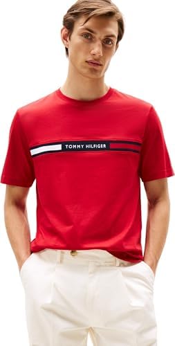 Tommy Hilfiger T-shirt masculina manga curta pescoço redondo, multicolor (vermelho médio), S