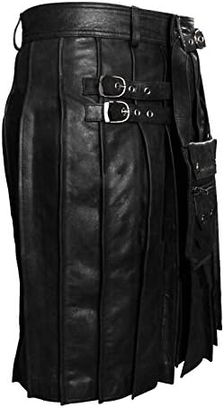 Mens Real Black Leather Beautiful Pleated Utility Kilt & Sporran