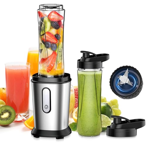 Mixer, 500 W Mini Stand Mixer & Smoothie Maker with 2 x 600 ml Bottles, BPA-Free Tritan, Portable Mixer Smoothie Maker Made of Stainless Steel, 4 Sheets for Shake, Smoothie, Silver and Black