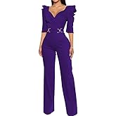 DinyIn Women's Elegant Purple Jumpsuit Sexy V-Neck Puff Sleeves Pant Suits Dressy Wide Leg Evening Party Jumpsuits with Belt,XX-Large