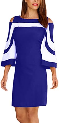 Arainlo Club Party Dresses For Women Plus Size Casual Loose 3 4 Bell Sleeve Cold Shoulder Colorblock Shift Dress With Back Zip Blue XX-Large