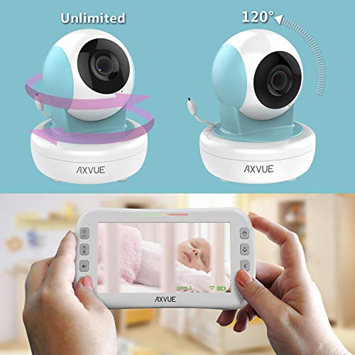Video Baby Monitor with Remote-Controlled Camera and Clear Large Screen, Two Way Talk, Long Range Connection, No WiFi Needed, Caring for Elder, Home Security Protect by Axvue, Blue, Model E9650-B