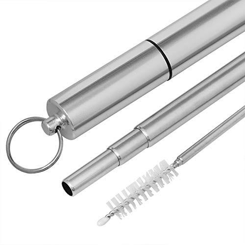 Stainless Steel Reusable Straws - Metal Collapsible Straw Portable Folding Travel Drinking Straws for Coffee and Tea with Aluminum Case for Keychain & 1 Foldable Telescopic Cleaning Brush