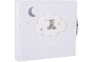 Happy Homewares Beautiful Ivory White Baby Shower Photo Album with Silver Plated Teddy Bear and Stars | Holds 80 Photos | Luxurious Grey Fabric Ribbon