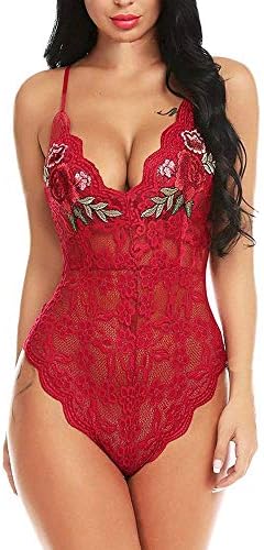 Mjjsk Women's Sexy V Teddy One Piece Lingerie Embroidered Applique Deep V Lace Bodysuit Babydoll Lingerie Set