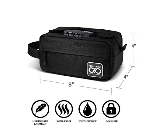 Compact Smell Proof Case + Grinder Card by HELMET HEAD | Durable Water Repellent Smell Proof Container with Combination Lock For Your Herbs + Smelly Accessories: Pipe, Vape, Rolling Papers (Black)