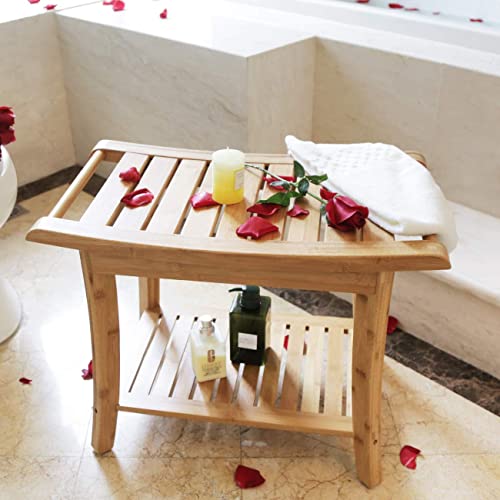 Zhuoyue Bamboo Spa Bath Shower Stool & Bench with Storage Shelf, Shower