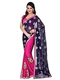 Shonaya Blue Satin Crepe Patch work saree & Unstitched Blouse Piece,Free Size