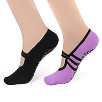 HARAVAL Yoga Socks Women Girls Non Slip Skid Pilates Barre Sock with Grips Pack of 2, Black and purple, US shoe size- 4-8