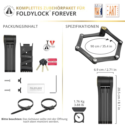 FoldyLock Forever Bicycle Lock with Key - Patented Folding Lock with Bracket - Test Winner Sold Secure Gold Bicycle Accessories - High Security for City Bikes and eBike - 90 cm