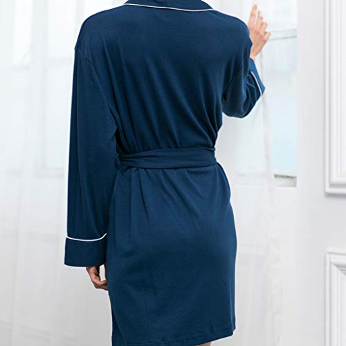 iZHH Women's Simple Bathrobe Long Sleeve Cotton Spa Comfortable Bath Knit Pajamas Sleepwear(Dark Blue,S) - Thumbnail 3