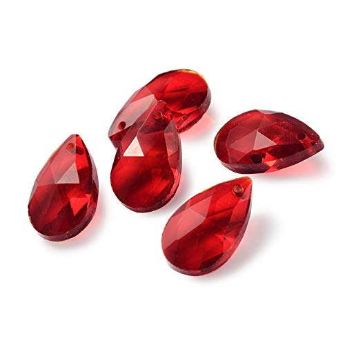 Beadthoven 100pcs Teardrop Glass Beads Red Faceted Dorp Crystal Beads Top Drilled Dangle Pendants for Jwewelry Making Chandelier Home Hanging Decor, Hole: 1mm