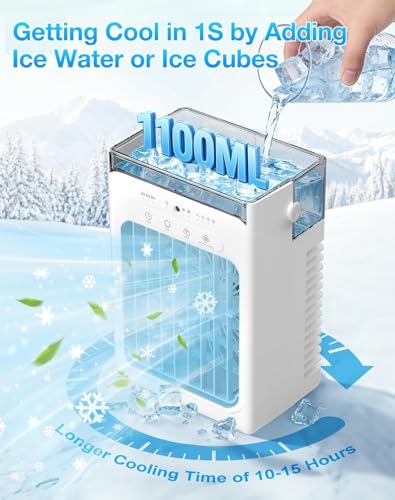 Portable Air Conditioners, Mini Personal Evaporative Cooler with Remote, 2 Mist Modes, 4 Wind Speeds, 1100 ML Water Tank, 2/4/6H Timer, Colorful Light, USB-C Powered Cooling Fan for Room Office Car