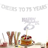 Cheers to 75 Years Banner and Happy 75th Cake Topper Silver Glitter for 75th Birthday Wedding Anniversary Party Decorations Supplies