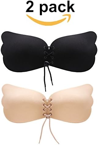 KIMJAY Gave Your Great Cleavage Silicone Push-up Backless Strapless Self Adhesive Bras DD Underwire Gel Magic Stick Invisible Bra Black/Nude 2Pack