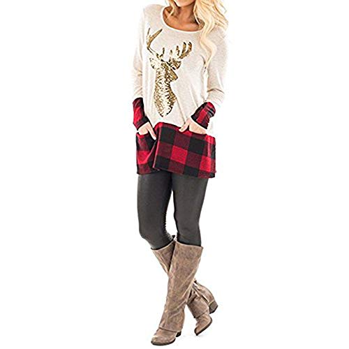 Clearance Forthery Womens Tops Plus Size Christmas Reindeer Plaid Sequin Blouse(Beige, US Size M = Tag L)