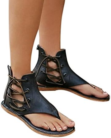 Women Summer Pinch Flat-Bottomed Roman Sandals Casual Strappy Ankle Flat Straps Beach Shoes (8.5 B (M) US, Black)