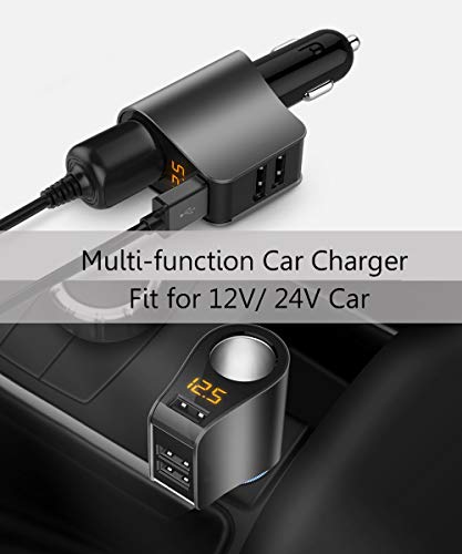 Car Charger Extension Cigarette Lighter Adapter,Socket Splitter with 3 USB and Voltage Meter,Compatible for iPhone 8/7/X/6S/XR,iPad,Samsung Galaxy S9/S8,iPad,GPS,Android Phone (Black)