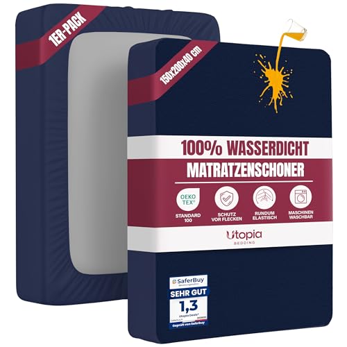 Matratzenschoner 150 x 200 x 40 cm Wasserdicht, Oeko-TEX Zertifiziert Matratzenauflage Atmungsaktive, Matratzenschutz, Rundum Elastisch Marineblau