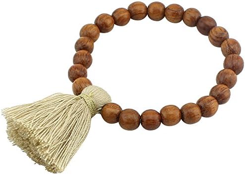 PearlyPearls Buddhist Wood Beads Prayer Stretch Bracelet with Brown Tassel Jewelry for Women 7.8''