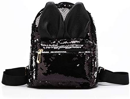 Magic Reversible Sequins Backpack with Cute Rabbit Ears Schoolbag Shoulder Bag Mini Backpack Purses for Girls Women (Black)