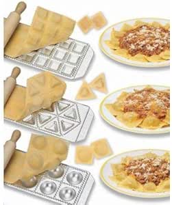 Imperia Ravioli Maker Set of 3 Italian Made Molds- Mini Squares, Tortelli, and Raviolini with Rolling Pin
