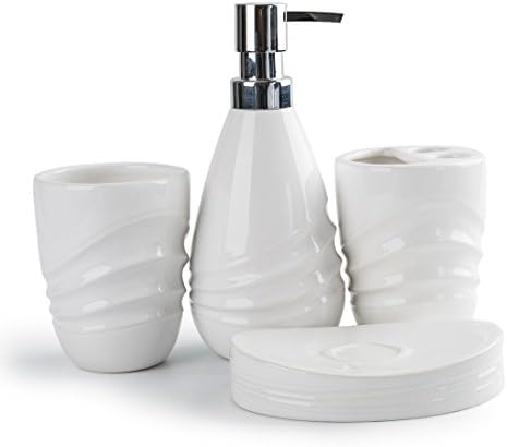 HUIDANG 4 piece Line Textured White Wave Ceramic Soap Dish, Soap Dispenser, Toothbrush Holder &amp; Tumbler Bathroom Set