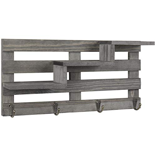 MyGift Vintage Gray Wood Wall-Mounted 3-Tiered Stair Shelf with 4 Key Hooks
