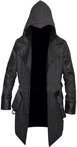 Men's Assassins Creed Syndicate Jacob Frye Christmas Black Faux Leather with Dark Heather Grey Trench Coat (SMALL Chest 36" to 38")