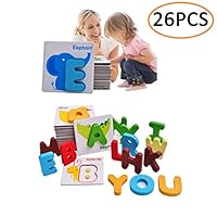 KOSBON Baby Flash Cards Animals Wooden Jigsaw Puzzles Alphabet Cards ABC Letter Card A to Z Educational Learning Words Cardboard Toys for Kids Toddlers Children